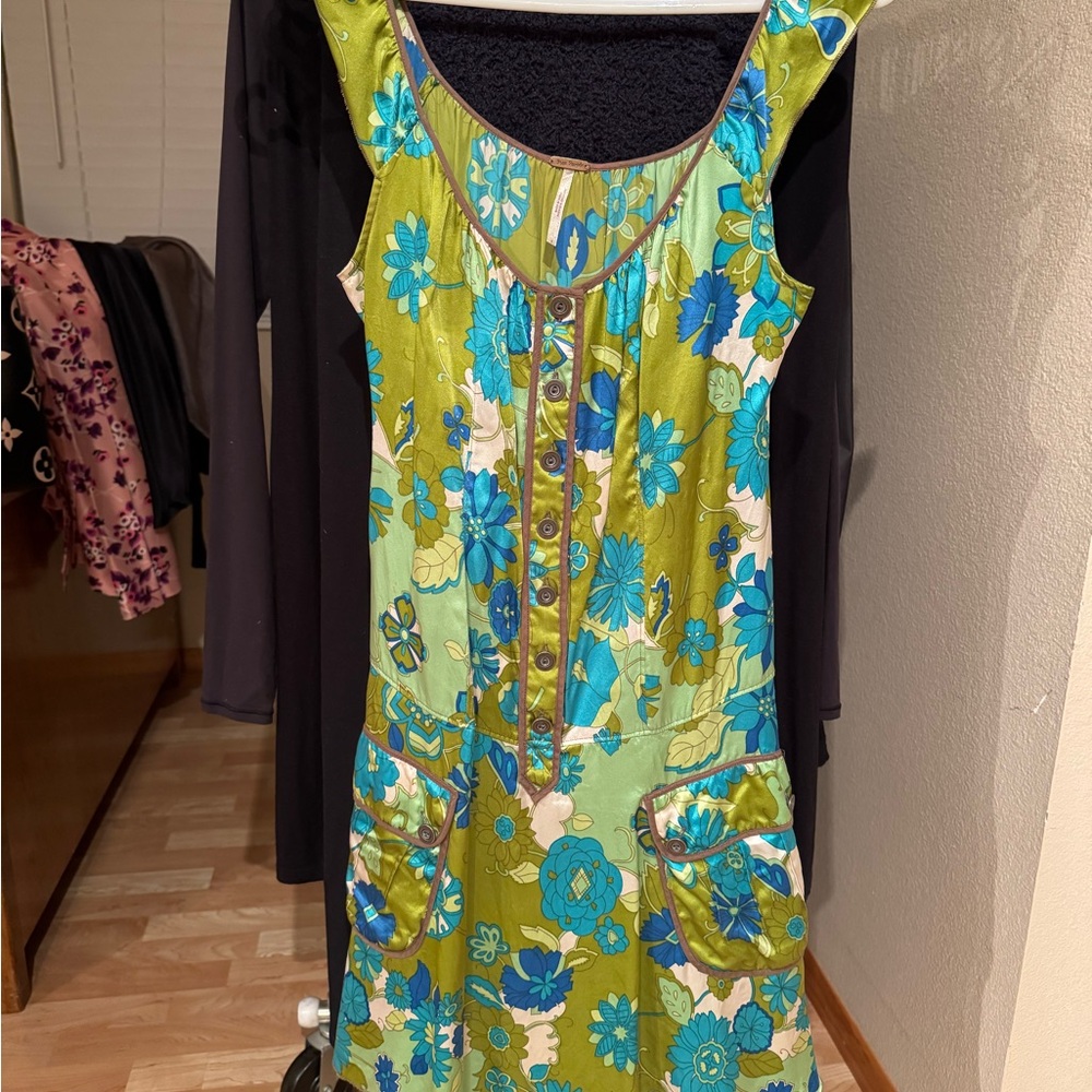 Free People Vibrant Green and Blue Floral Midi Dress